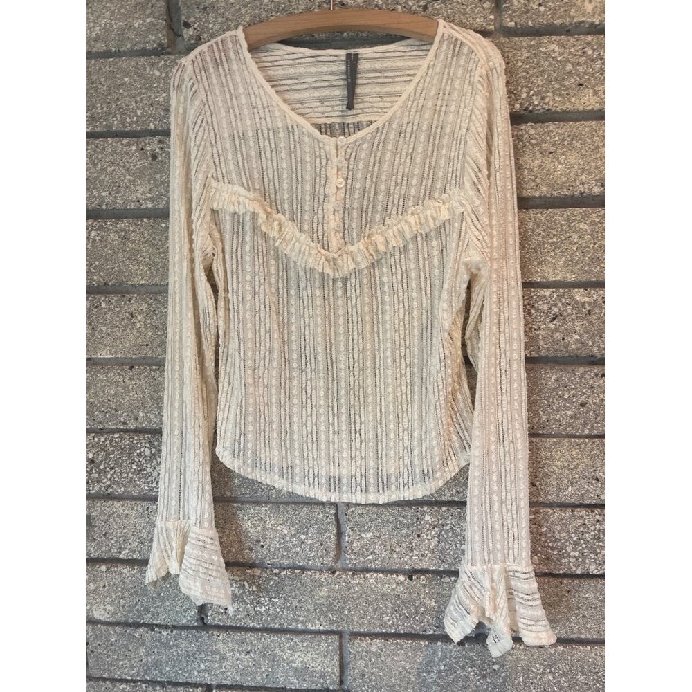 Delicate Lace Striped Anthropologie Blouse With Ruffle Detail & Buttoned Front